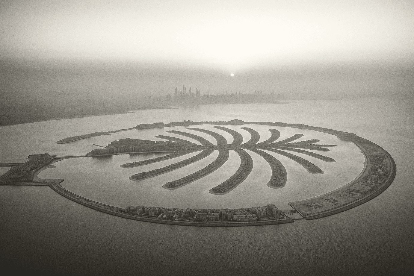 Palm Jumeirah seen from altitude at dawn